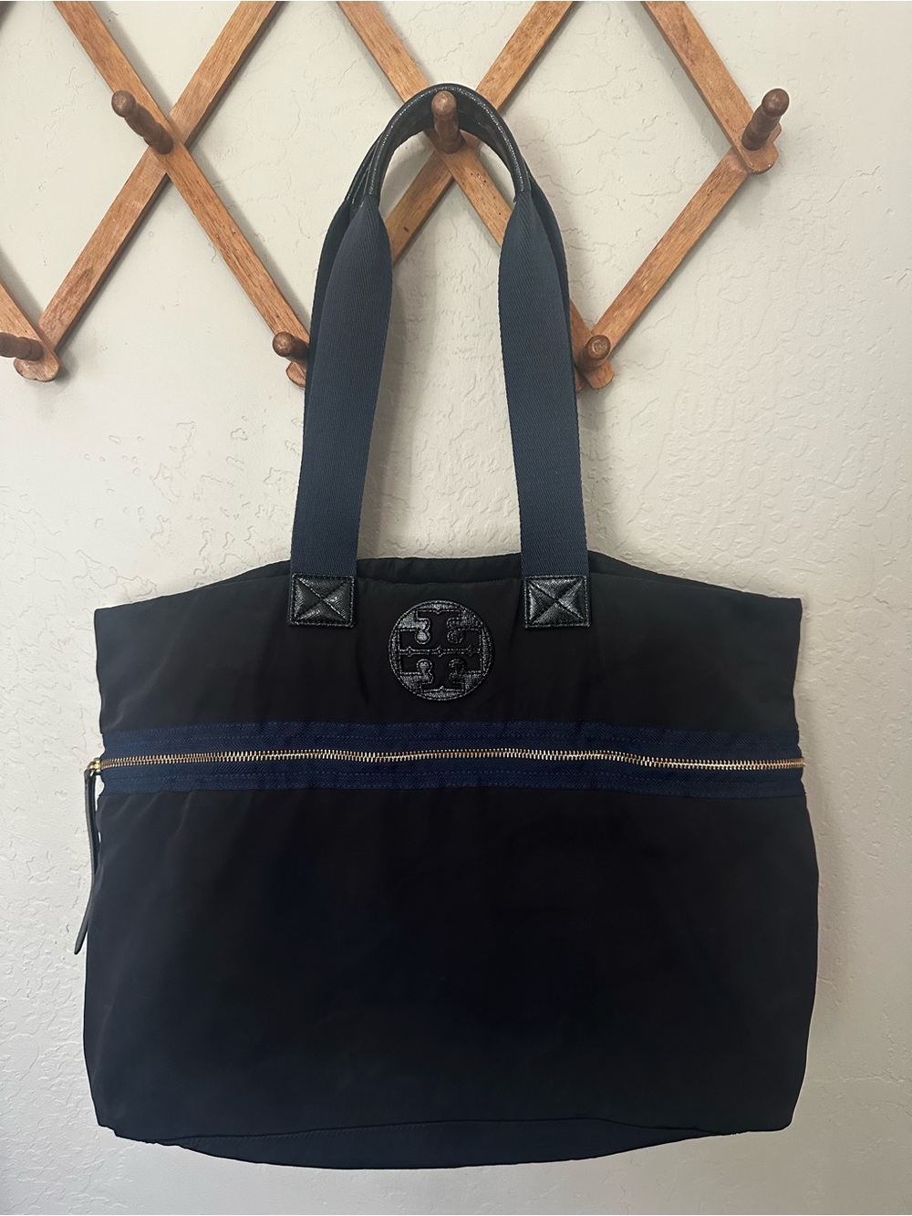 Tory Burch Black Tote with Navy Trim and Gold Hardware